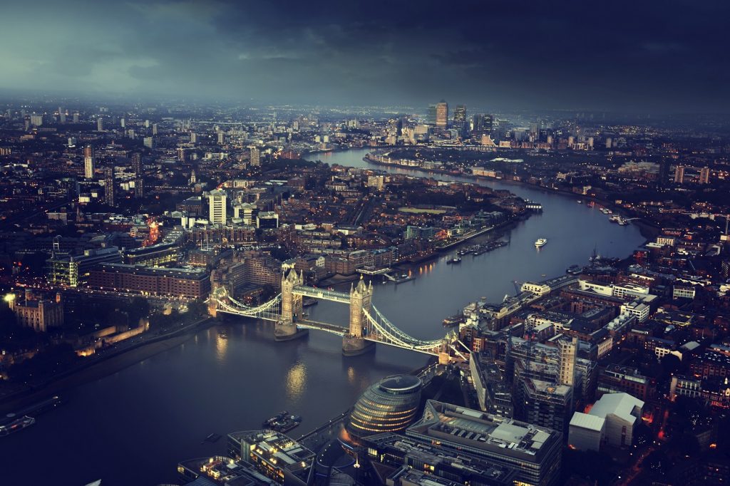 London aerial view with Tower Bridge, UK