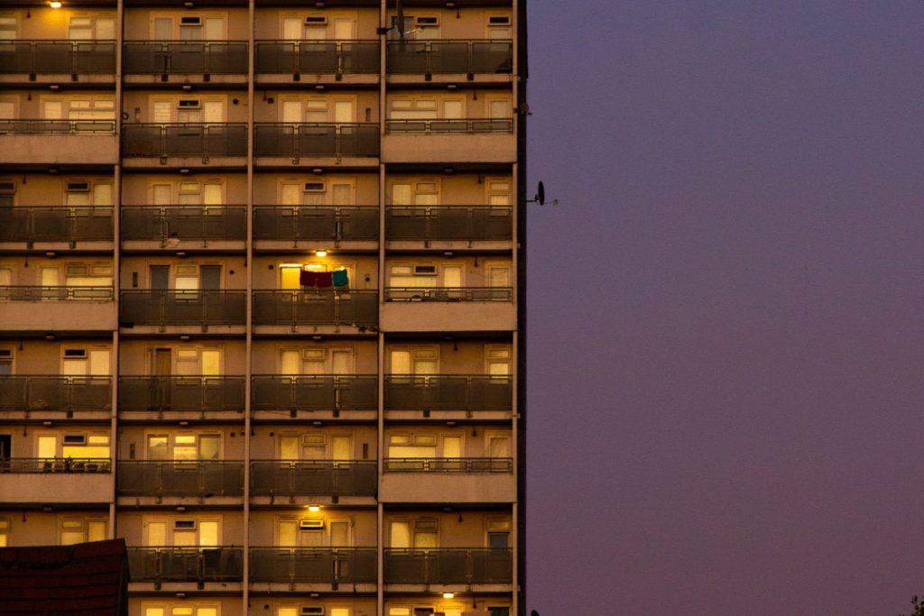 London block of flats at night