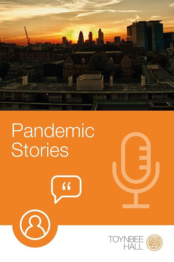 East London skyline at sunrise with Pandemic Stories heading and icon of microphone