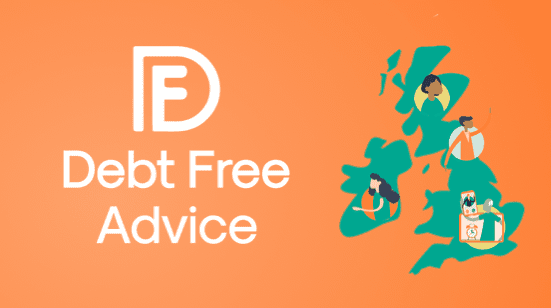 UK map with Debt Free Advice logo on orange background