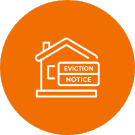 house with eviction sign icon on orange circle