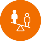 two people on uneven scales icon on orange circle