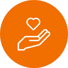 hand and a heart icon on orange circle